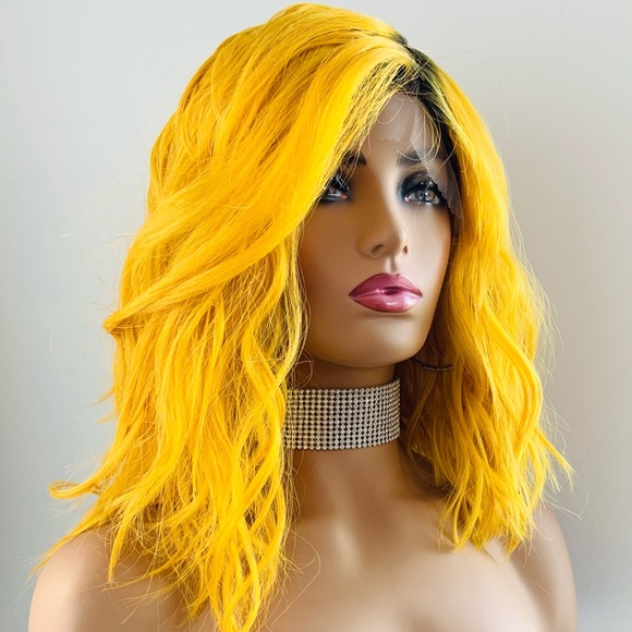 12” Deep Yellow Lace Front Wig with Dark Roots - Picture 3 of 6
